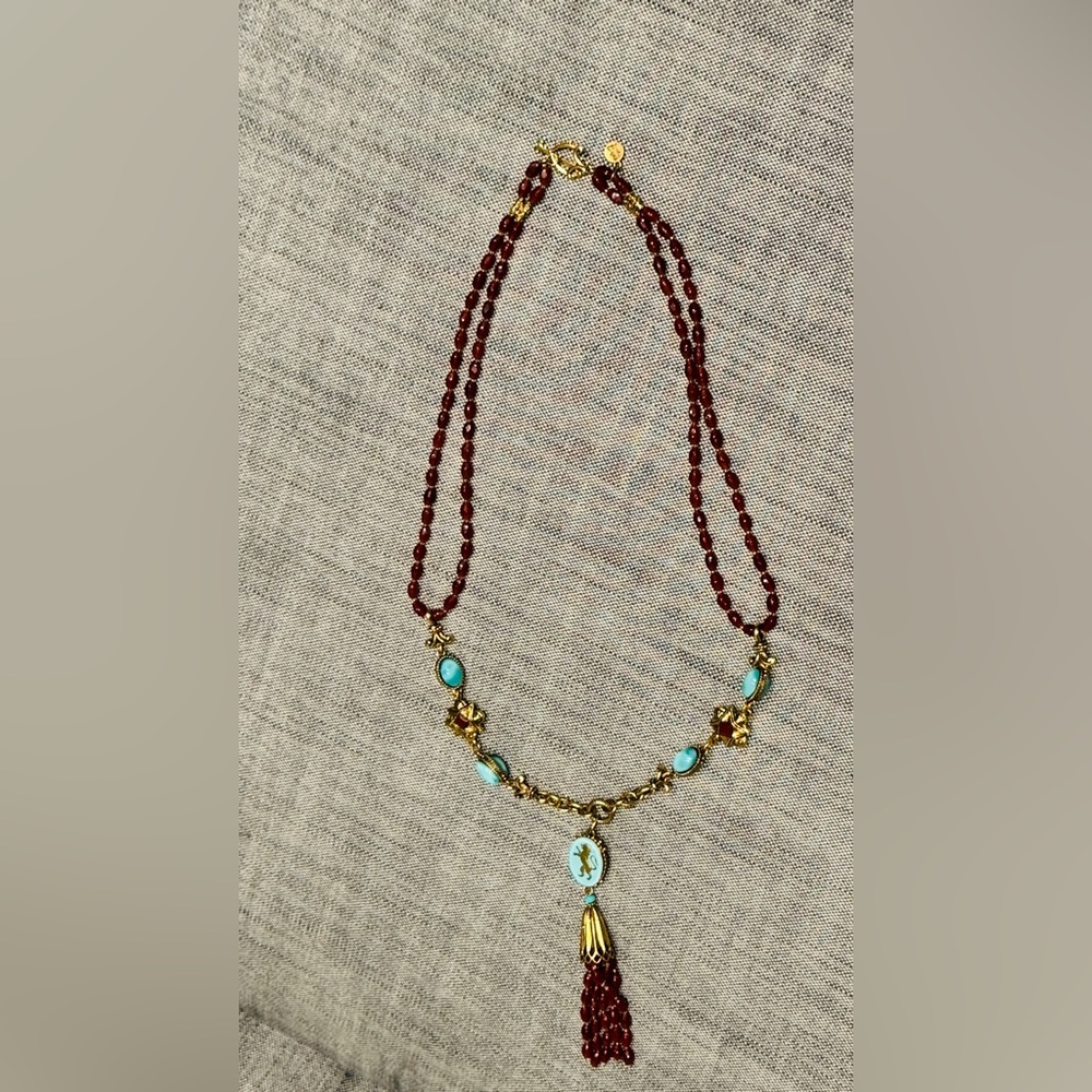 Robin Steele Vintage Designer Agate, Gold-Plated & Turquoise Glass Y Necklace